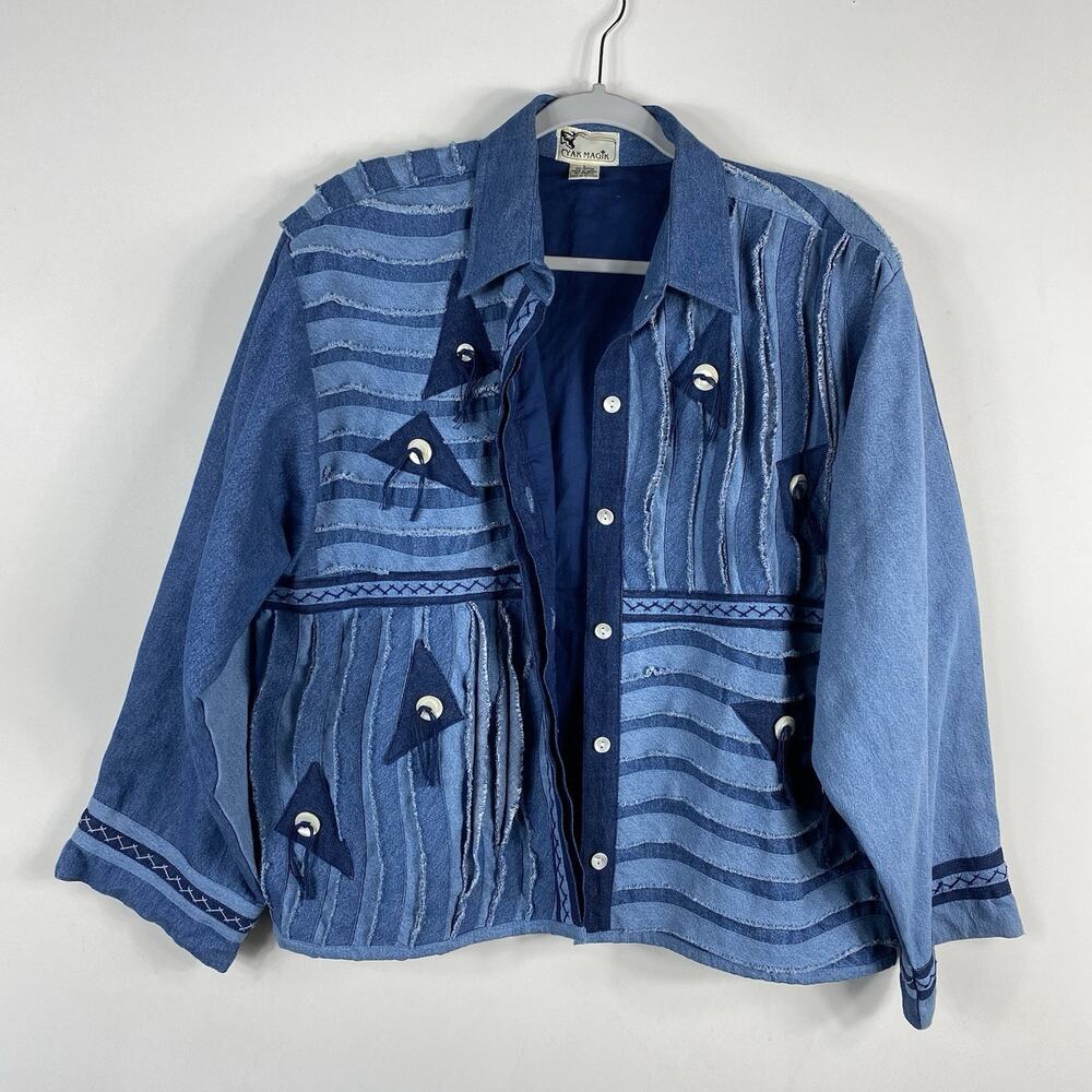 Yak Magik Jacket Women's Large Blue Denim Vintage Artsy Western Boho Casual